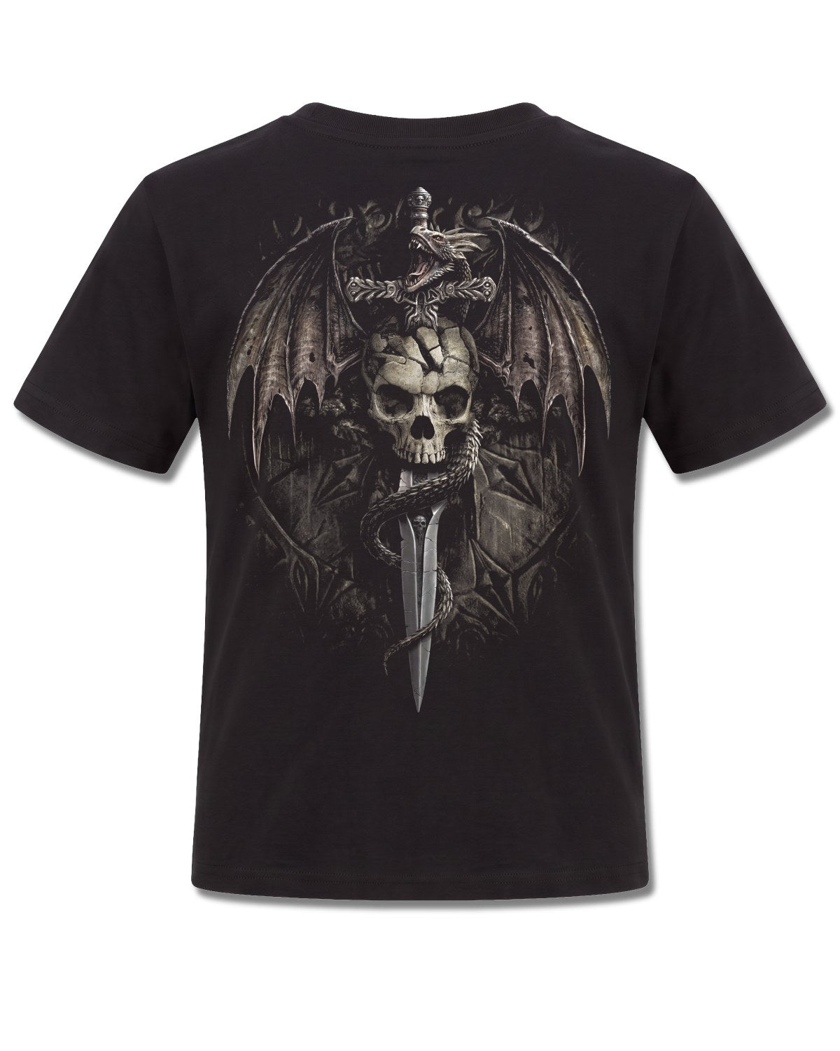 Spiral Draco Skull design, back view on Black K101, Rock Off Retail official merch