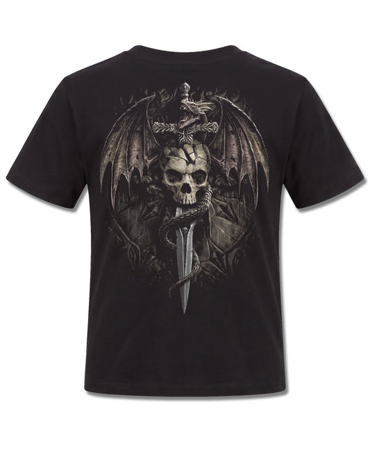 Spiral Draco Skull design, back view on Black K101, Rock Off Retail official merch