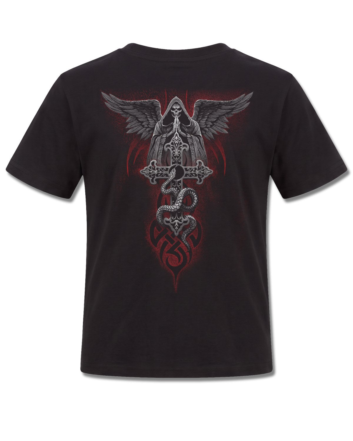 Spiral The Dead design, back view on Black K101, Rock Off Retail official merch