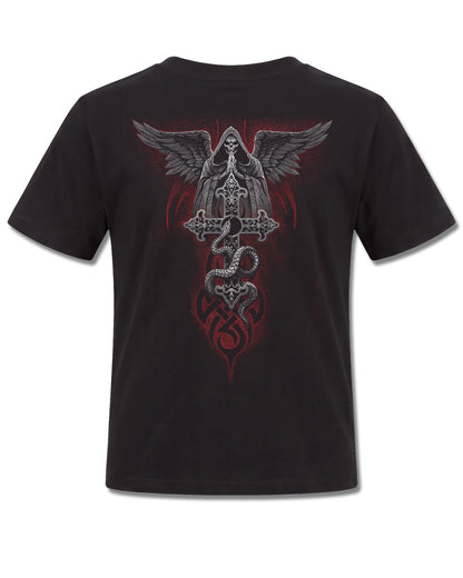 Spiral The Dead design, back view on Black K101, Rock Off Retail official merch