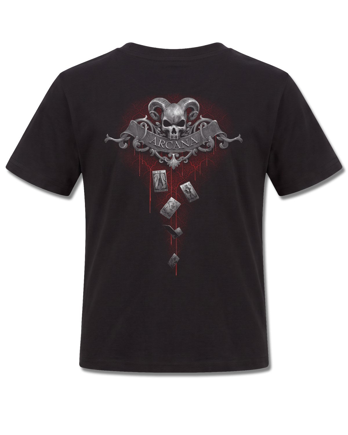 Spiral Death Tarot design, back view on Black K101, Rock Off Retail official merch