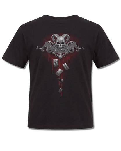 Spiral Death Tarot design, back view on Black K101, Rock Off Retail official merch