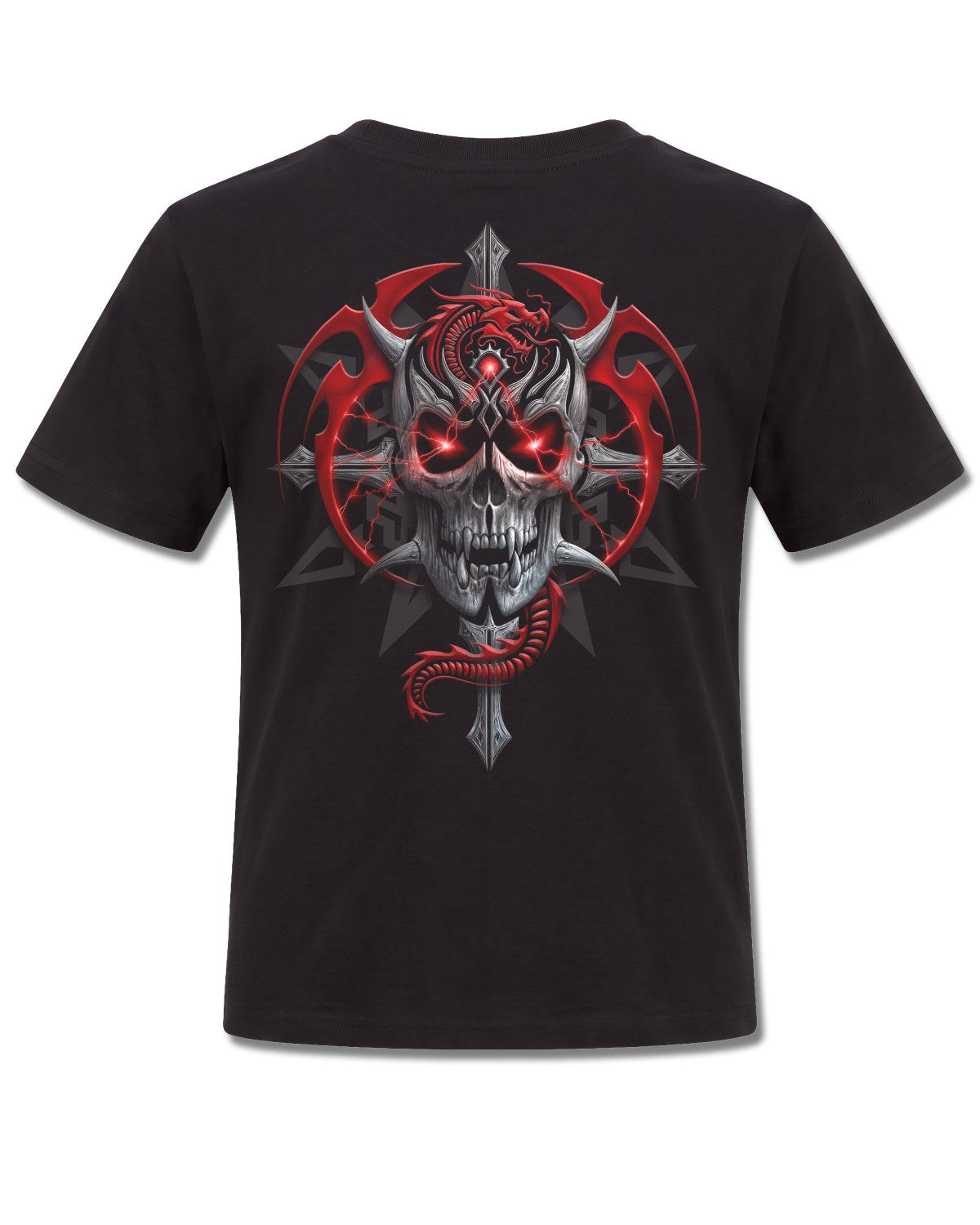 Spiral Aku No design, back view on Black K101, Rock Off Retail official merch