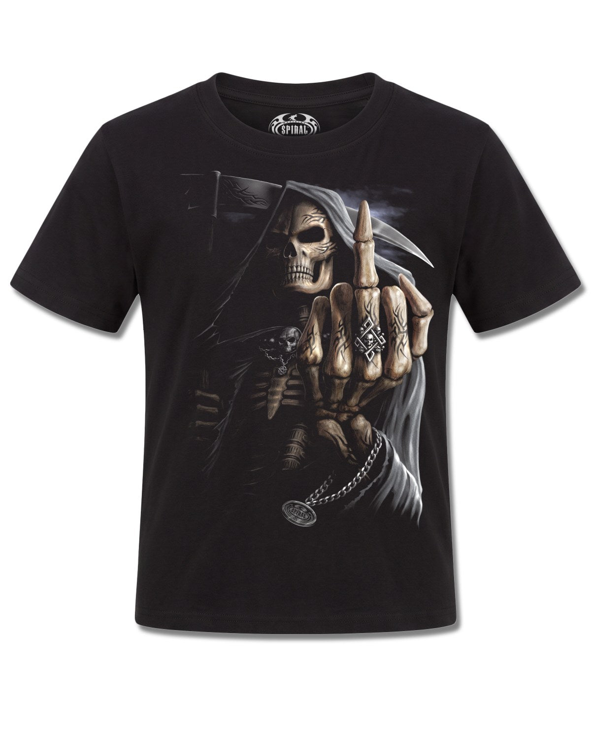 Spiral Bone Finger design, front view on Black K101, Rock Off Retail official merch