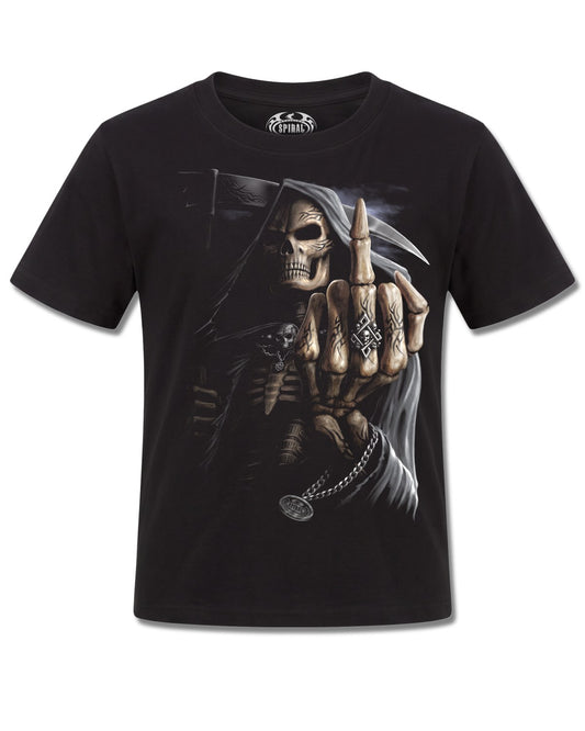 Spiral Bone Finger design, front view on Black K101, Rock Off Retail official merch