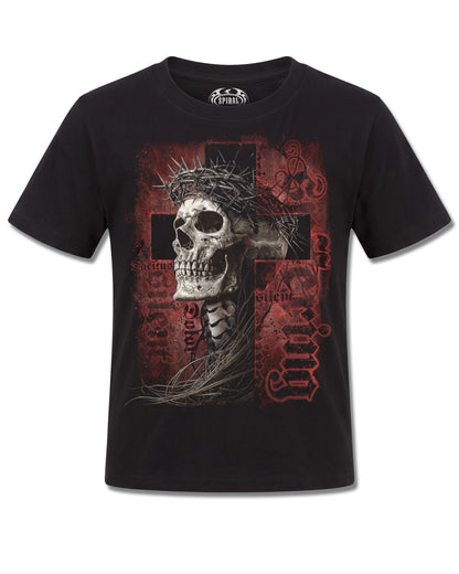Spiral Silent Suffering design, front view on Black K101, Rock Off Retail official merch
