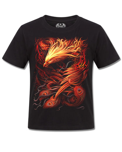 Spiral Phoenix Arisen design, front view on Black K101, Rock Off Retail official merch