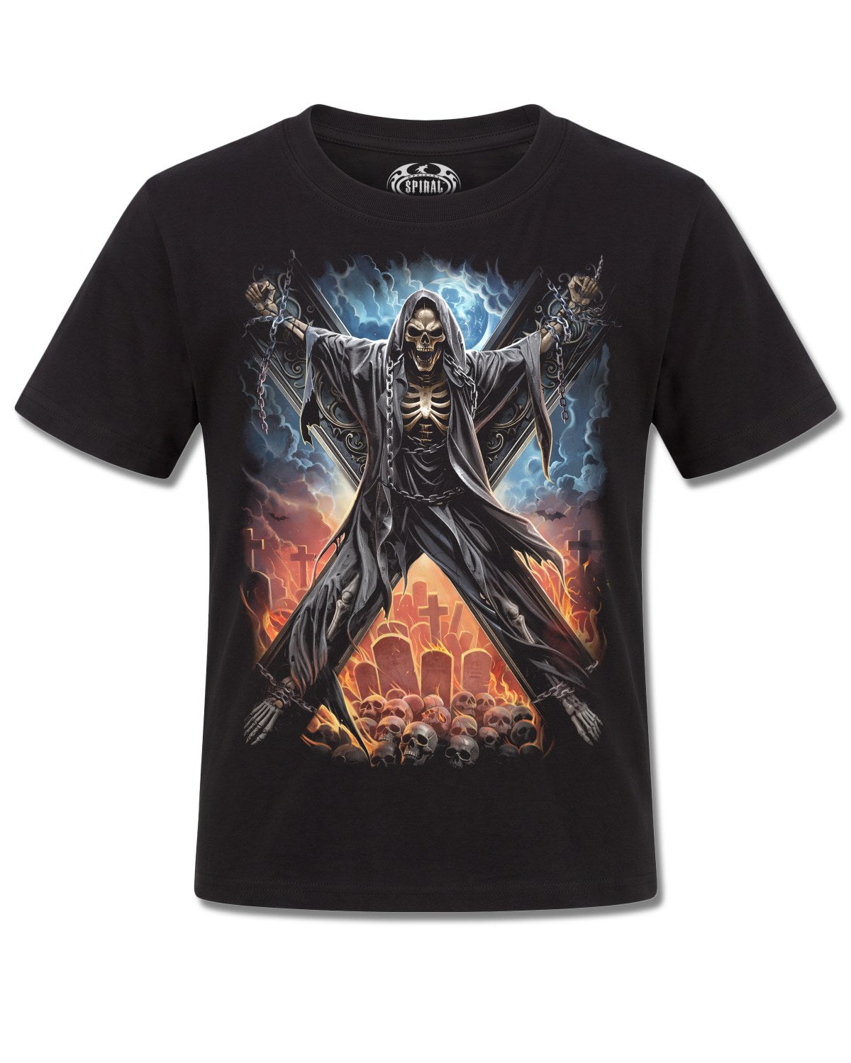 Spiral Crossed Over design, front view on Black K101, Rock Off Retail official merch