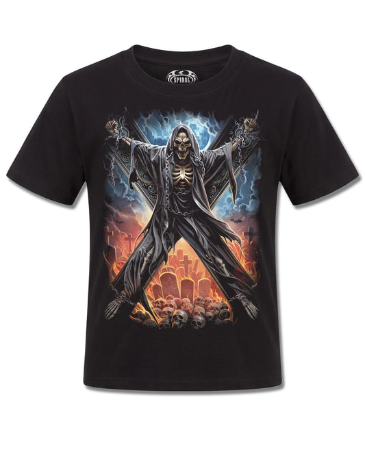 Spiral Crossed Over design, front view on Black K101, Rock Off Retail official merch