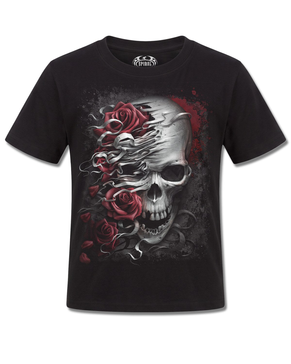 Spiral Skulls N' Roses design, front view on Black K101, Rock Off Retail official merch
