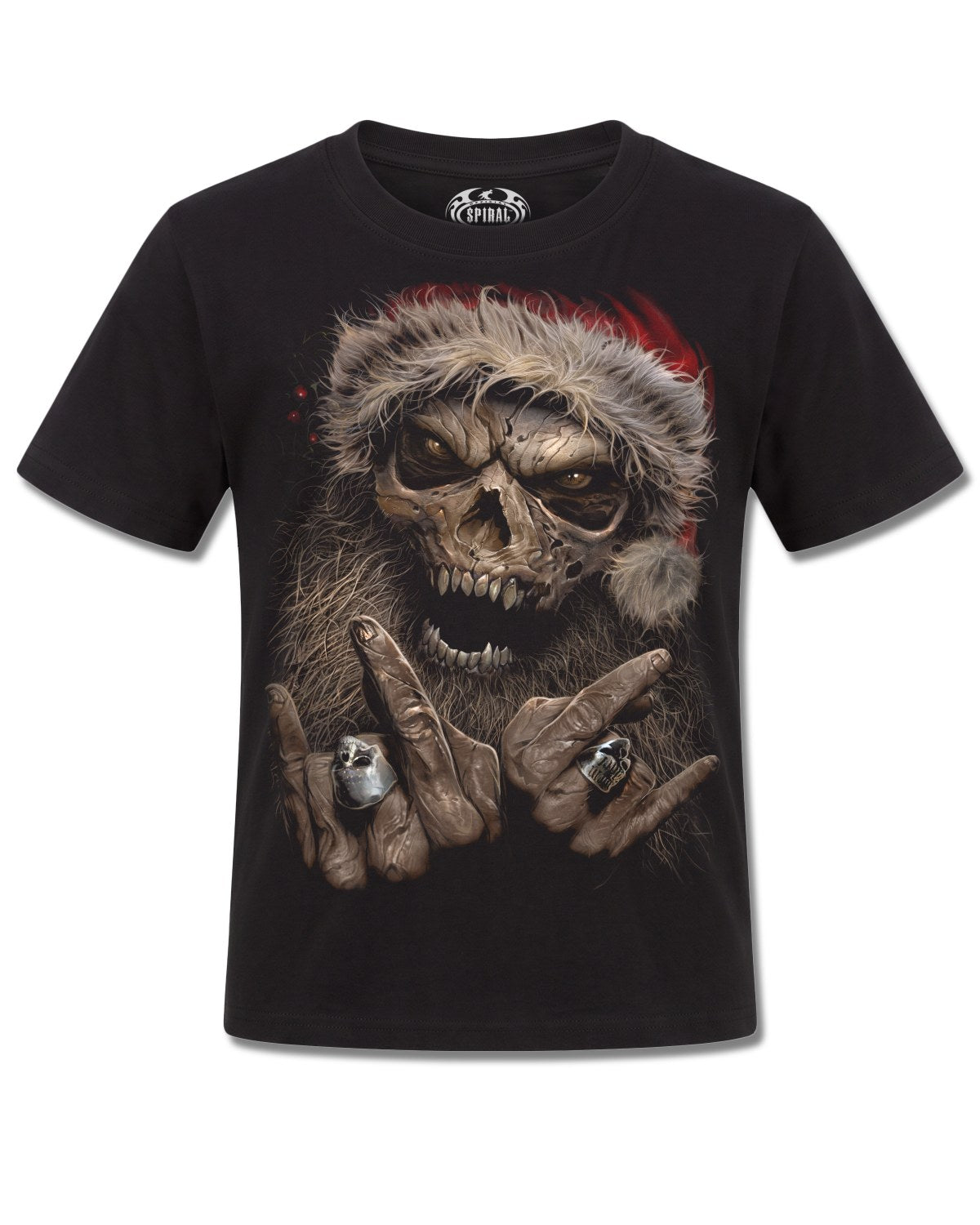 Spiral Rock Santa design, front view on Black K101, Rock Off Retail official merch