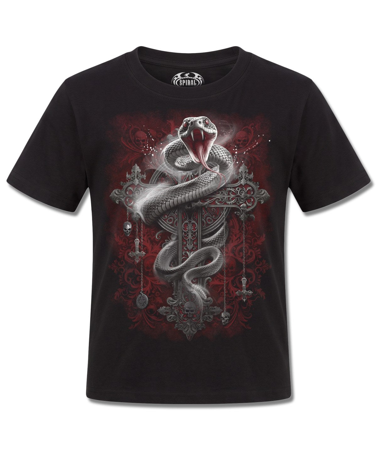Spiral Gothic Serpent design, front view on Black K101, Rock Off Retail official merch