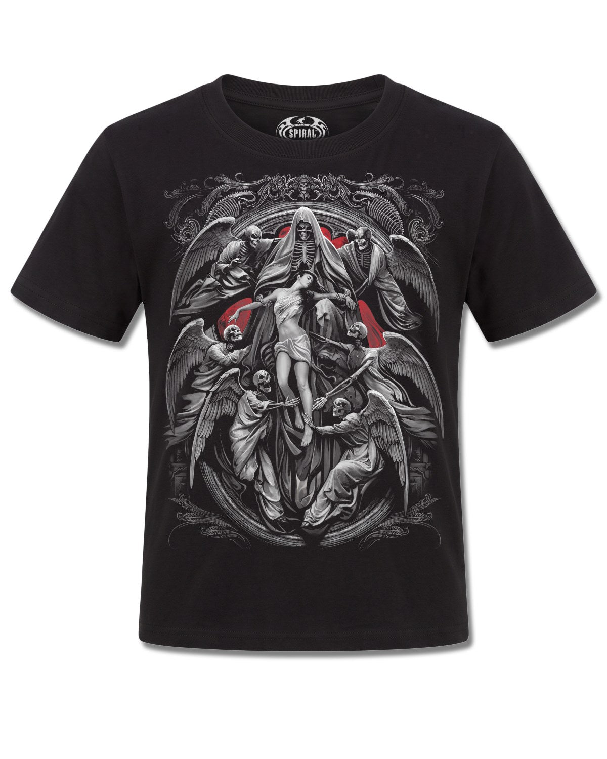 Spiral Reaper's Door design, front view on Black K101, Rock Off Retail official merch