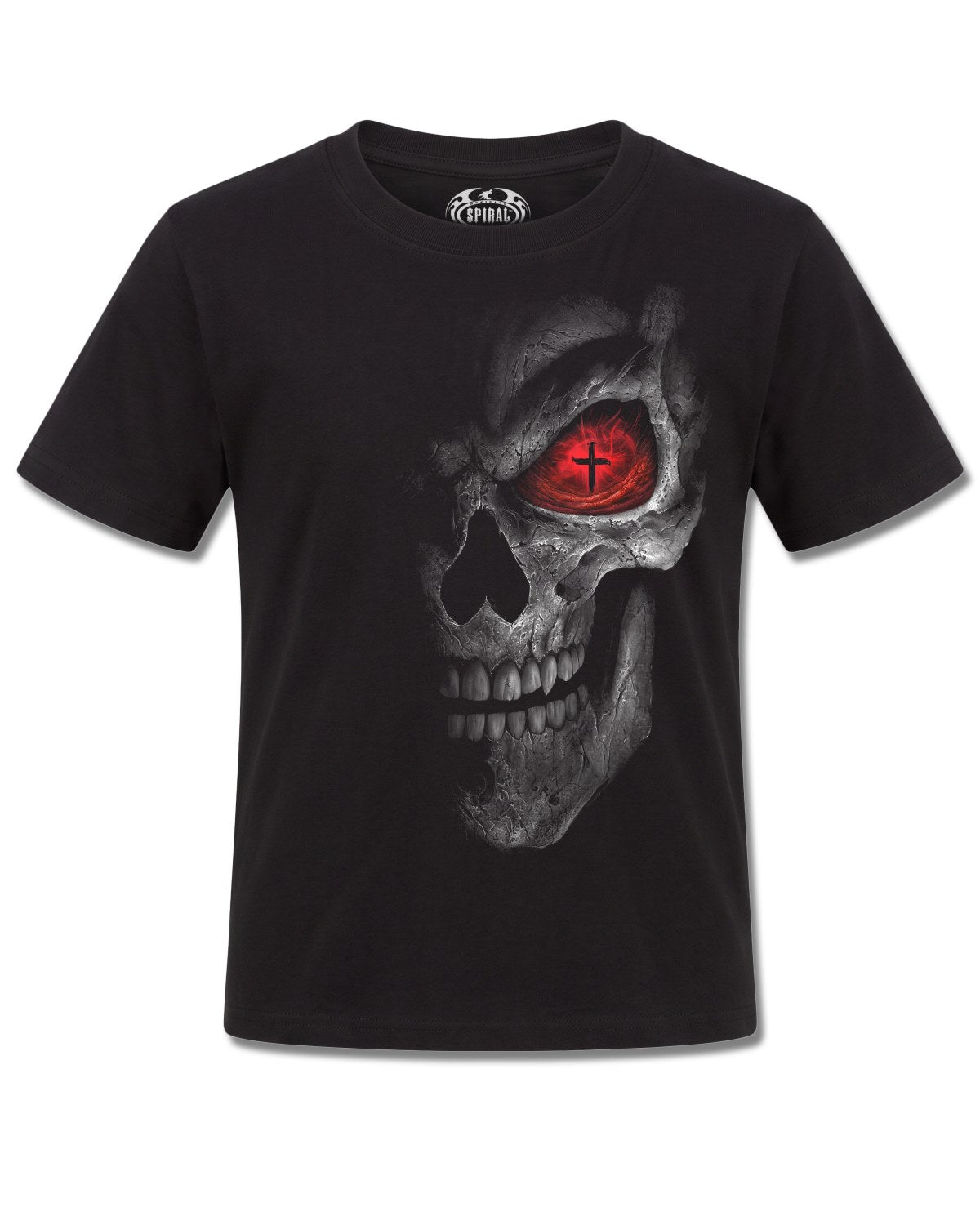 Spiral Death Stare design, front view on Black K101, Rock Off Retail official merch