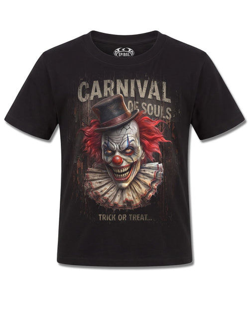 Spiral Carnival Of Souls design, front view on Black K101, Rock Off Retail official merch