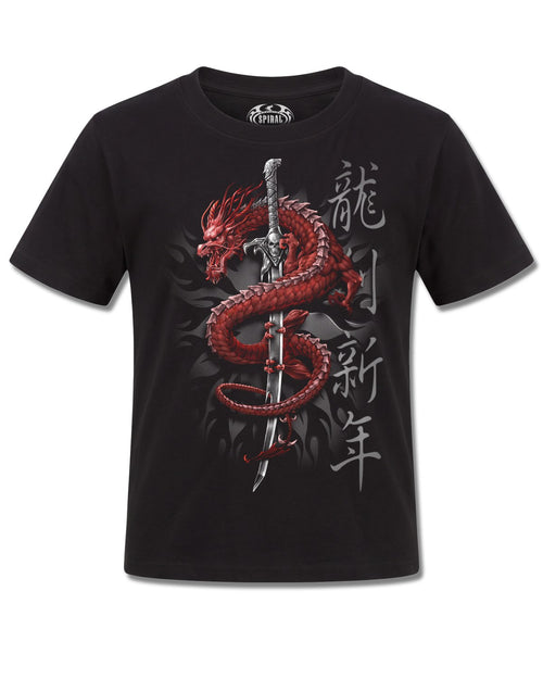 Spiral Oriental Dragon design, front view on Black K101, Rock Off Retail official merch