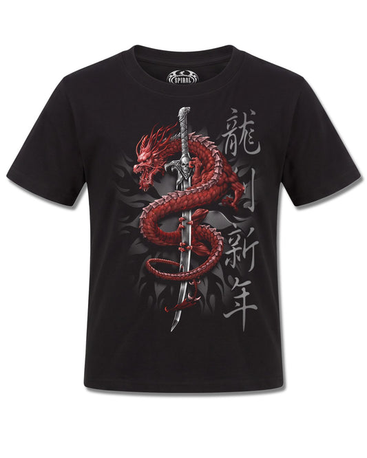 Spiral Oriental Dragon design, front view on Black K101, Rock Off Retail official merch