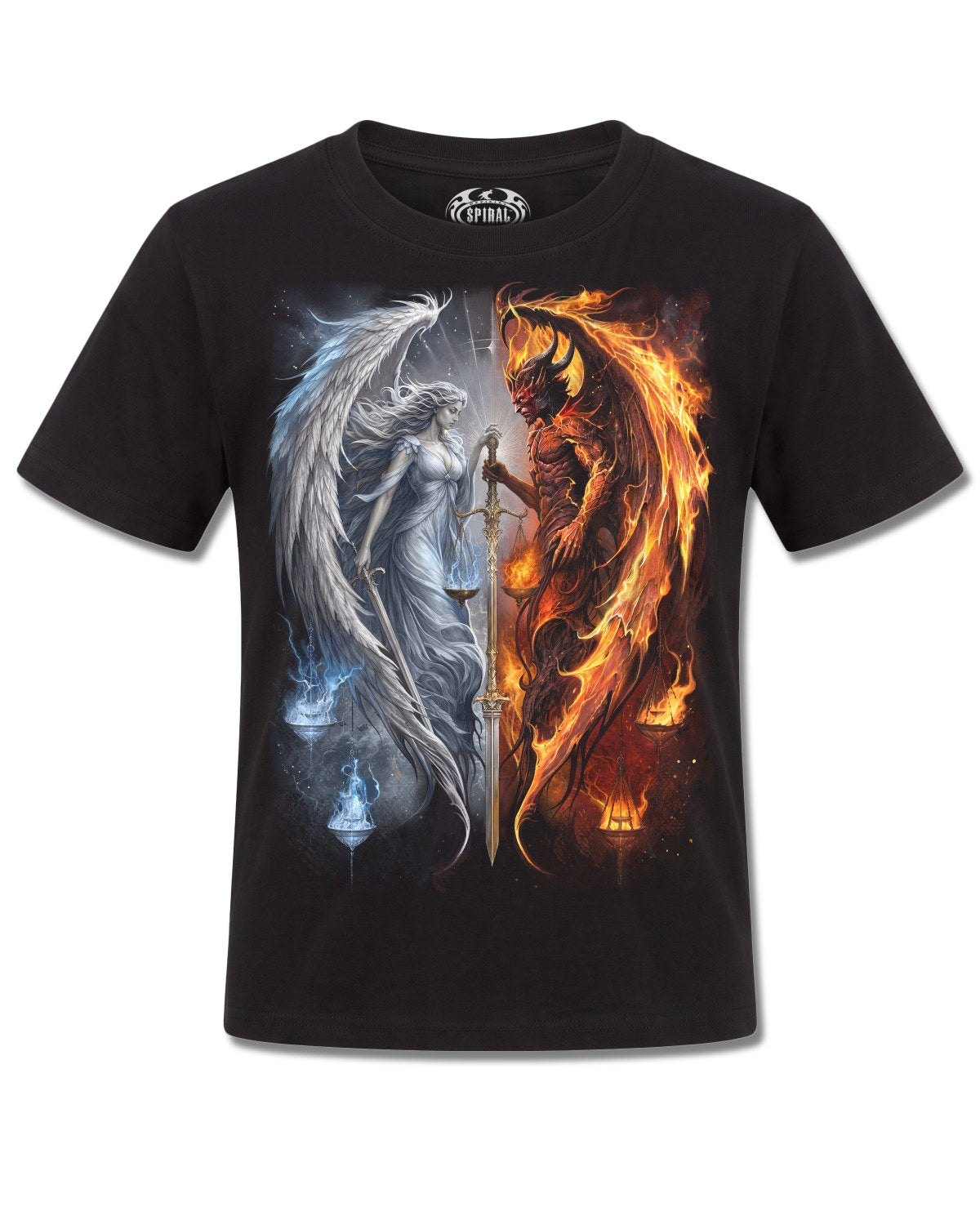 Spiral Angel & Demon design, front view on Black K101, Rock Off Retail official merch