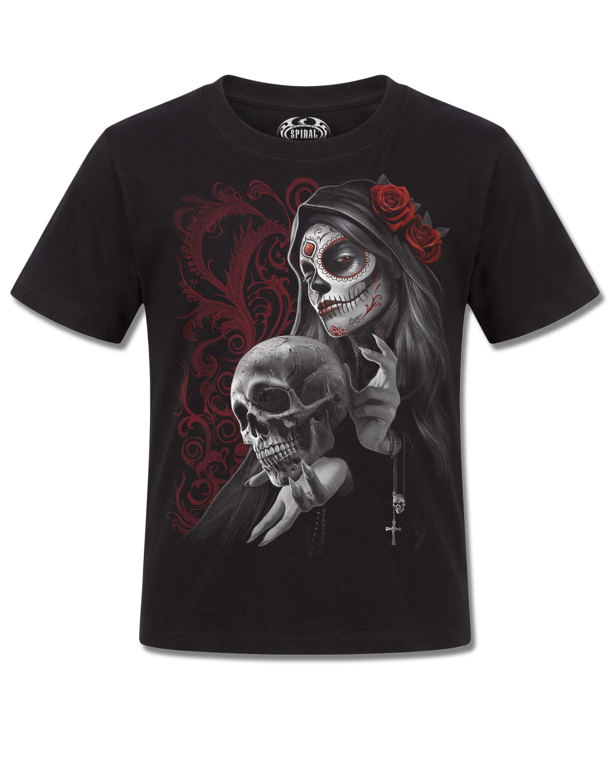 Spiral Love Is Dead design, front view on Black K101, Rock Off Retail official merch