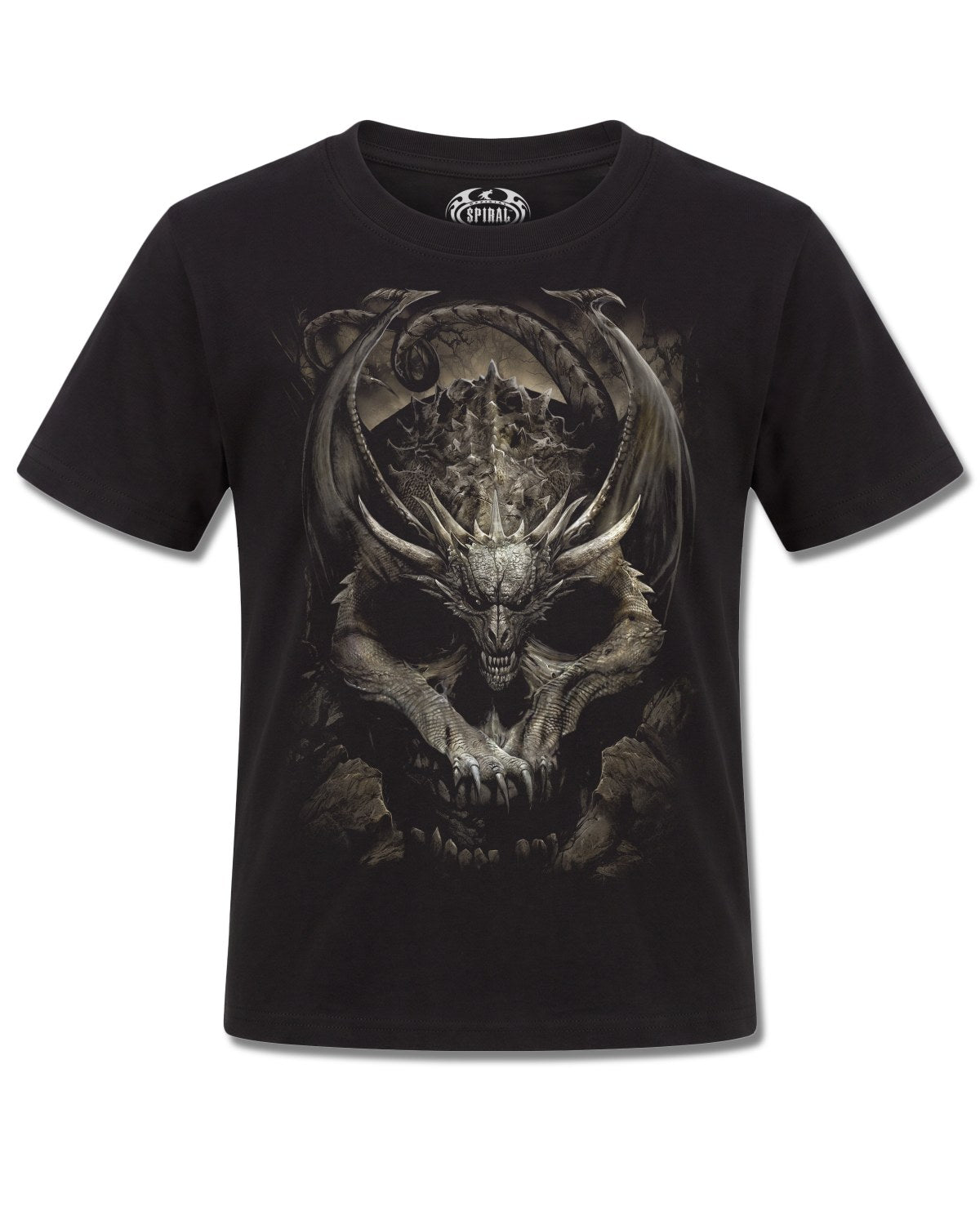 Spiral Draco Skull design, front view on Black K101, Rock Off Retail official merch