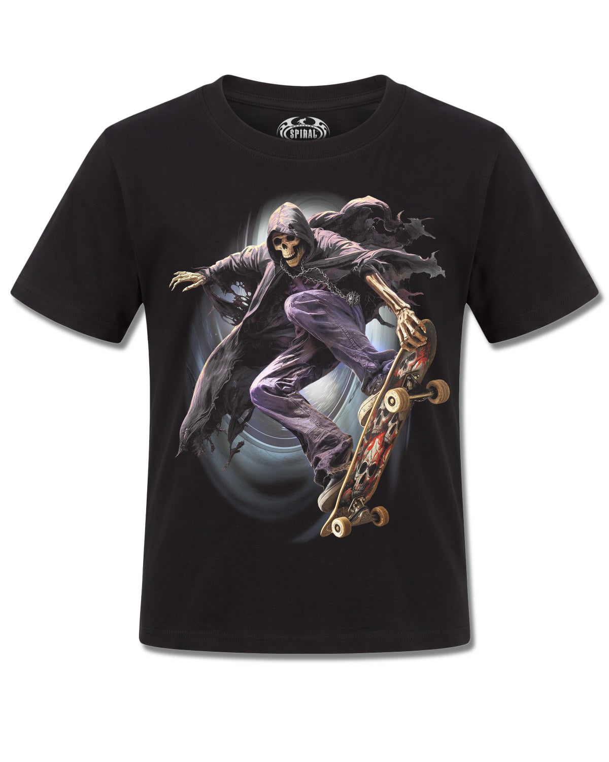 Spiral Soul Boarder design, front view on Black K101, Rock Off Retail official merch