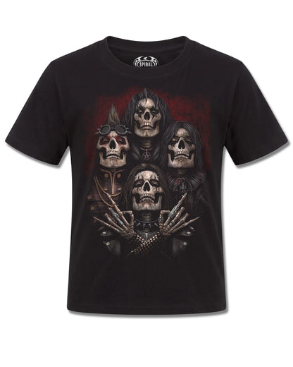 Spiral Faces Of Goth design, front view on Black K101, Rock Off Retail official merch