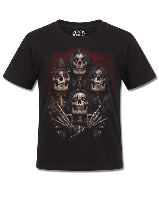 Spiral Faces Of Goth design, front view on Black K101, Rock Off Retail official merch