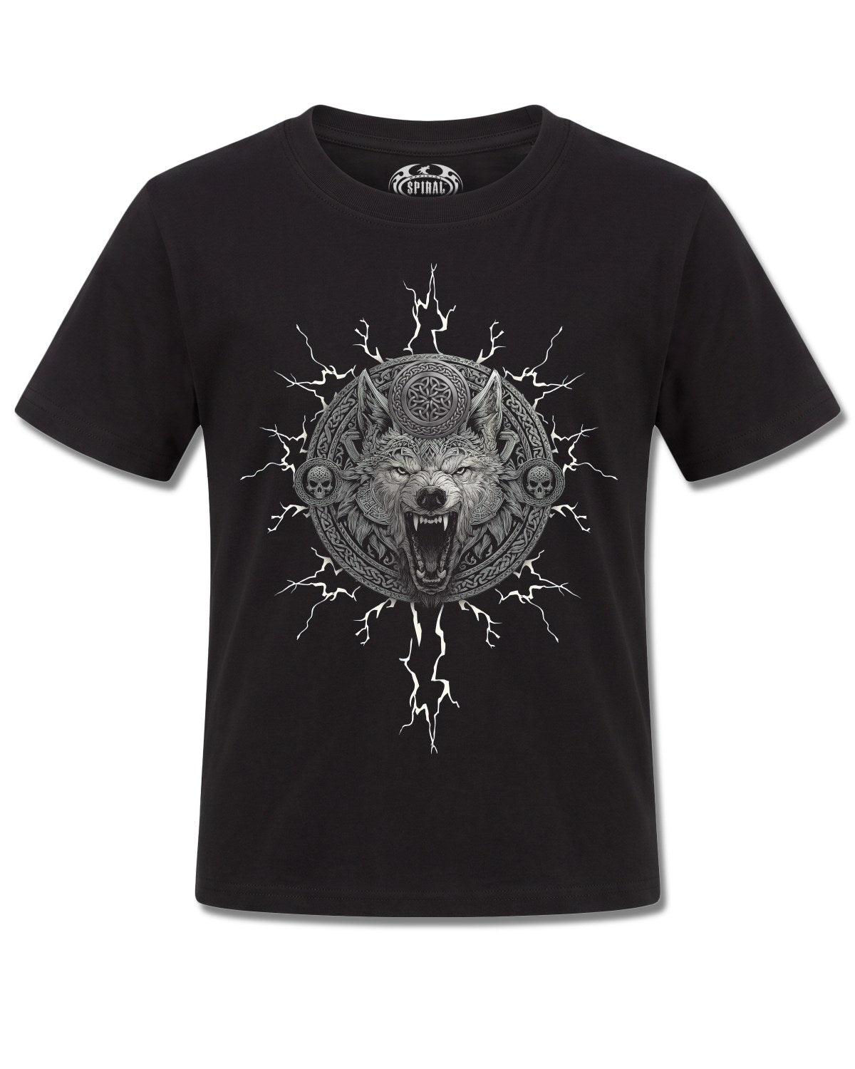 Spiral Valhalla design, front view on Black K101, Rock Off Retail official merch
