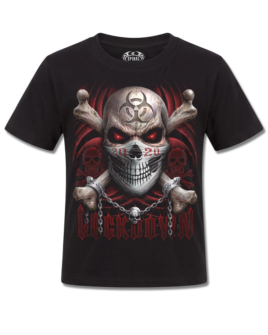 Spiral Lockdown 2020 design, front view on Black K101, Rock Off Retail official merch
