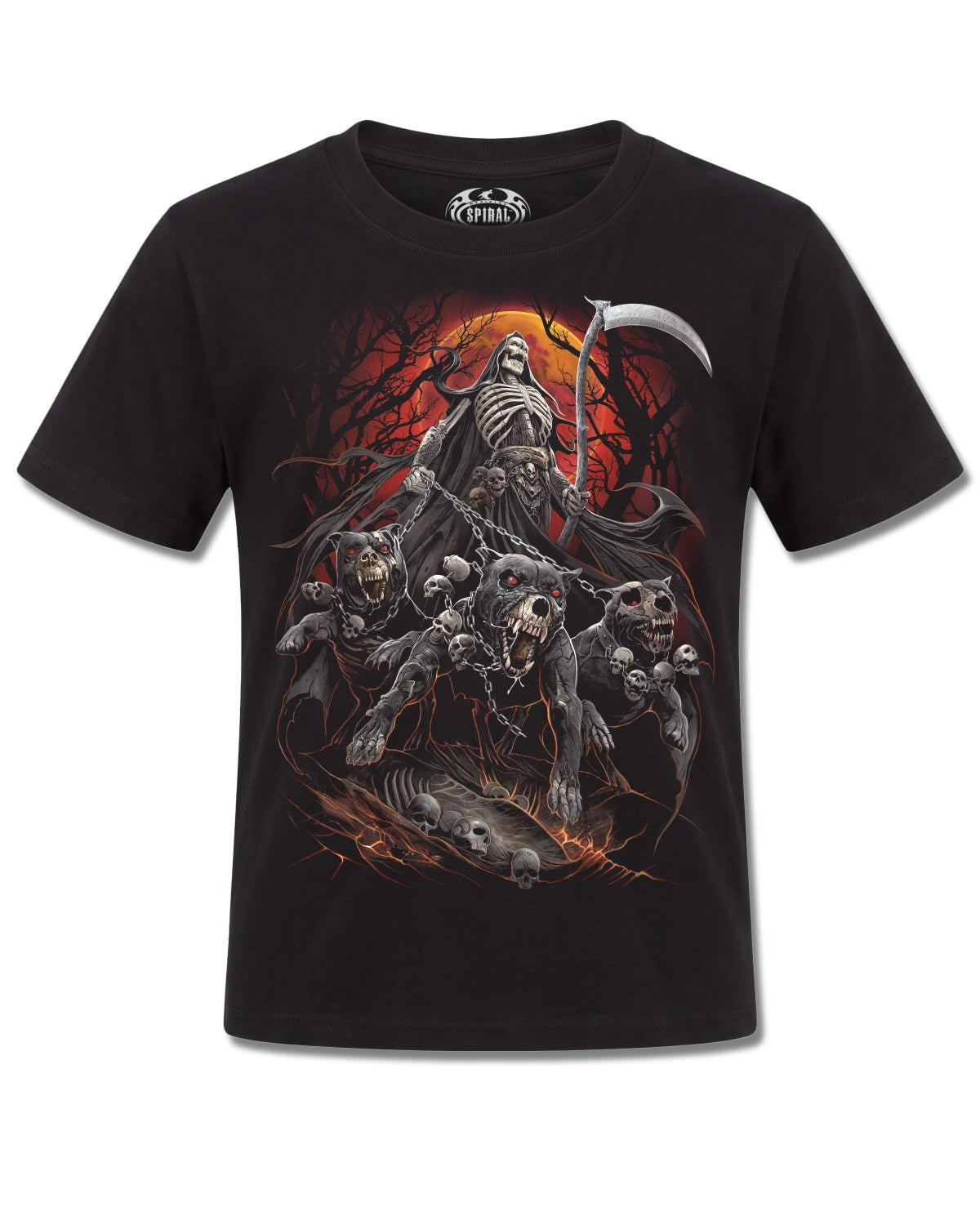Spiral Harbingers design, front view on Black K101, Rock Off Retail official merch