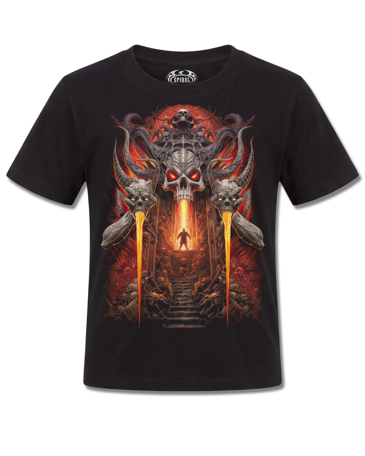 Spiral Gates Of Hell design, front view on Black K101, Rock Off Retail official merch
