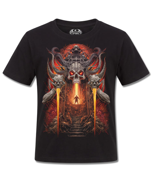 Spiral Gates Of Hell design, front view on Black K101, Rock Off Retail official merch