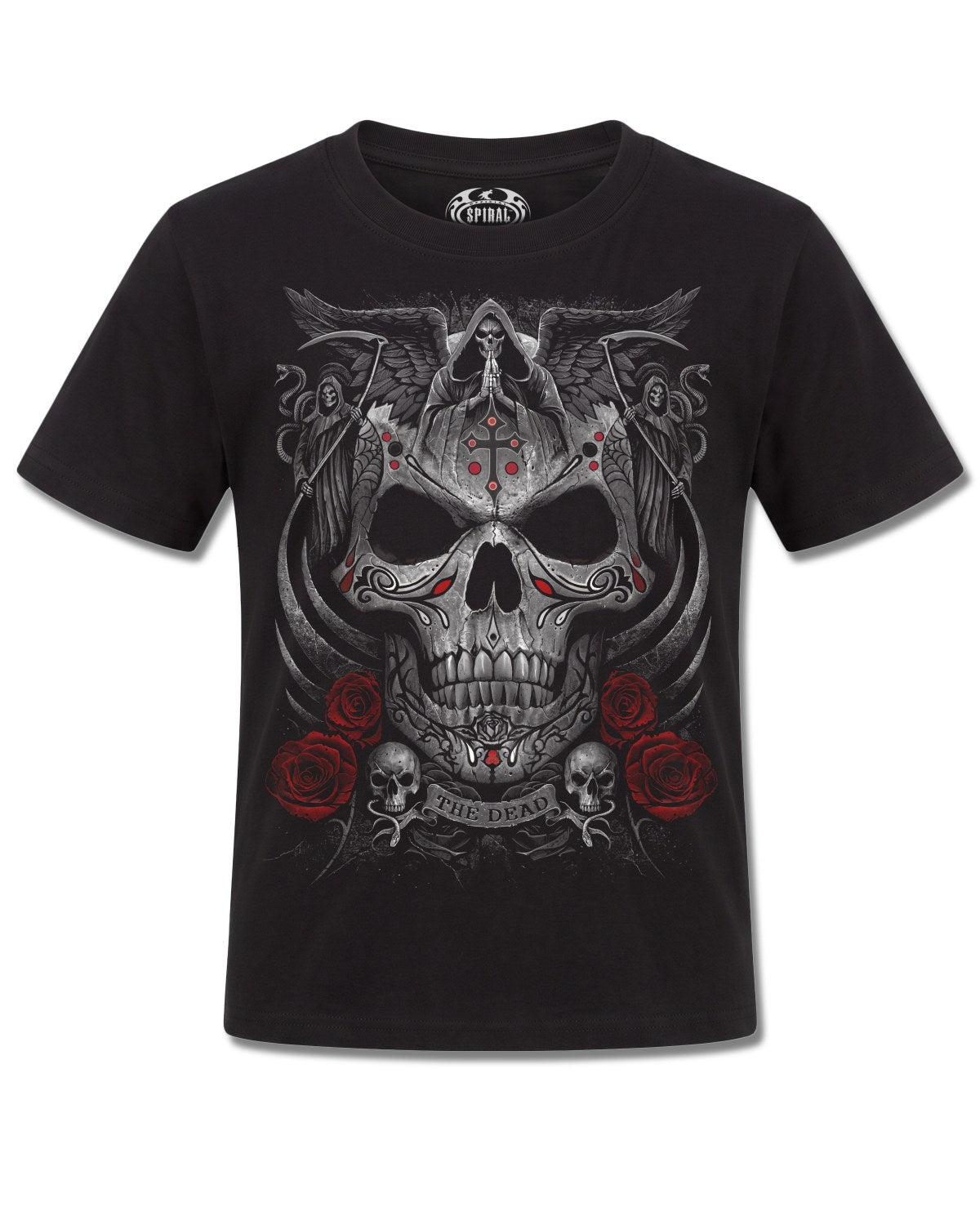 Spiral The Dead design, front view on Black K101, Rock Off Retail official merch