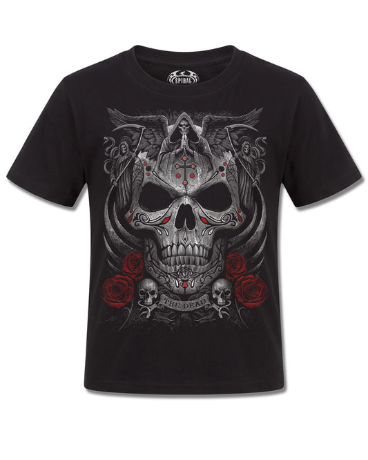 Spiral The Dead design, front view on Black K101, Rock Off Retail official merch