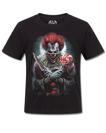 Spiral Trick Or Treat design, front view on Black K101, Rock Off Retail official merch
