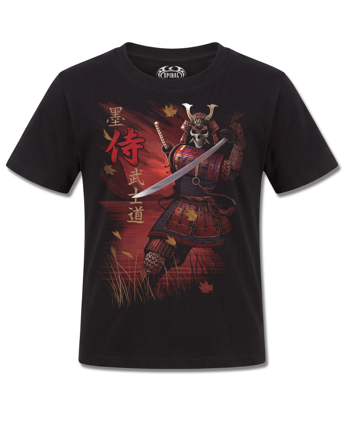 Spiral Samurai design, front view on Black K101, Rock Off Retail official merch
