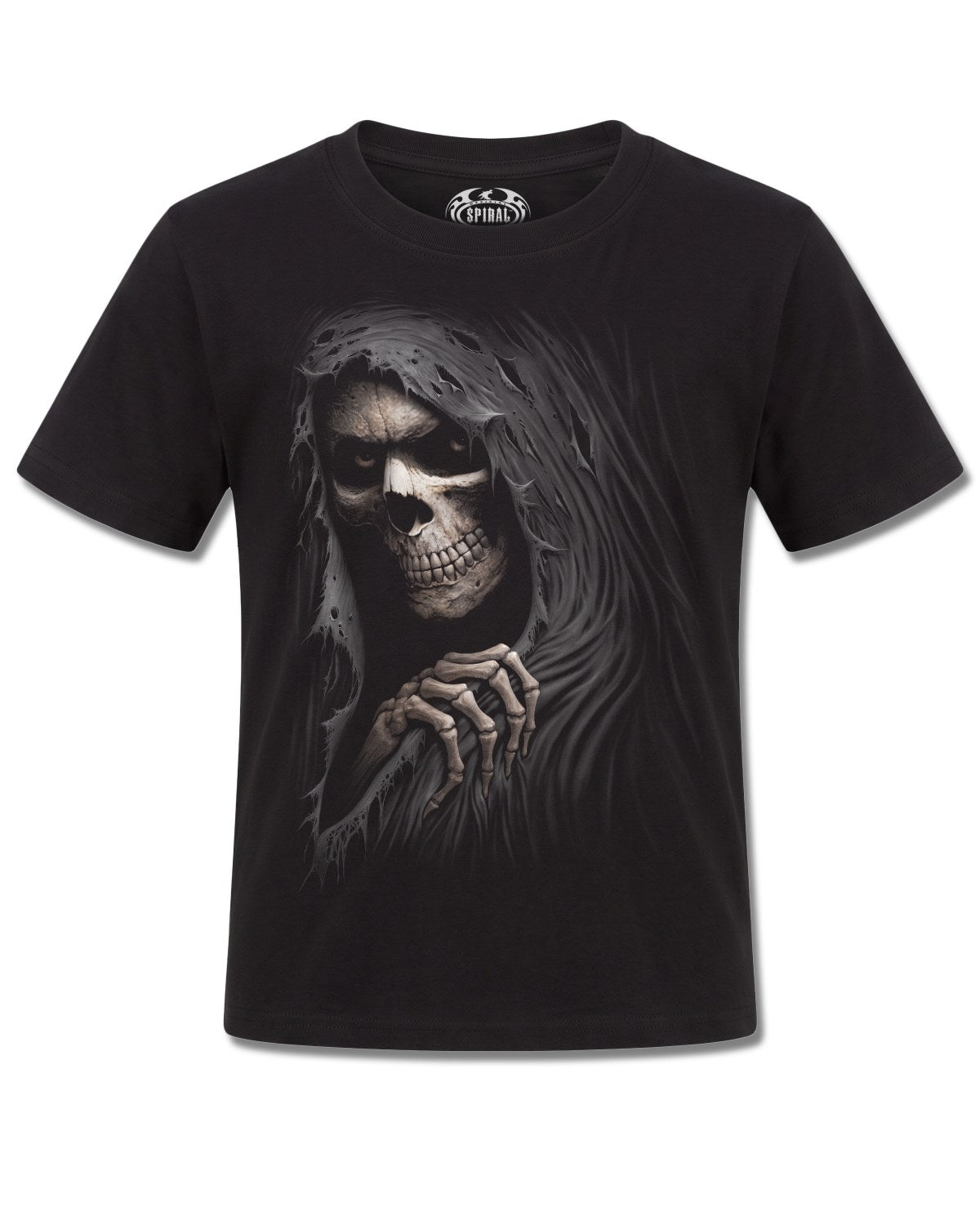 Spiral Grim Ripper design, front view on Black K101, Rock Off Retail official merch