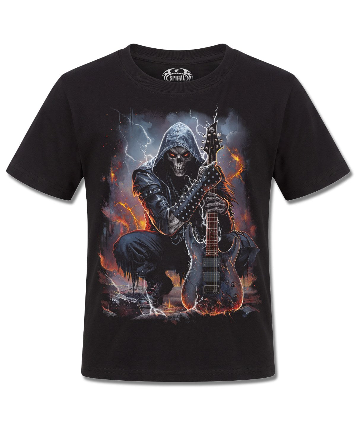 Spiral Death Rocker design, front view on Black K101, Rock Off Retail official merch