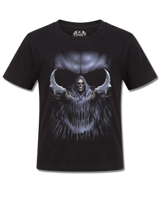 Spiral Double Death design, front view on Black K101, Rock Off Retail official merch