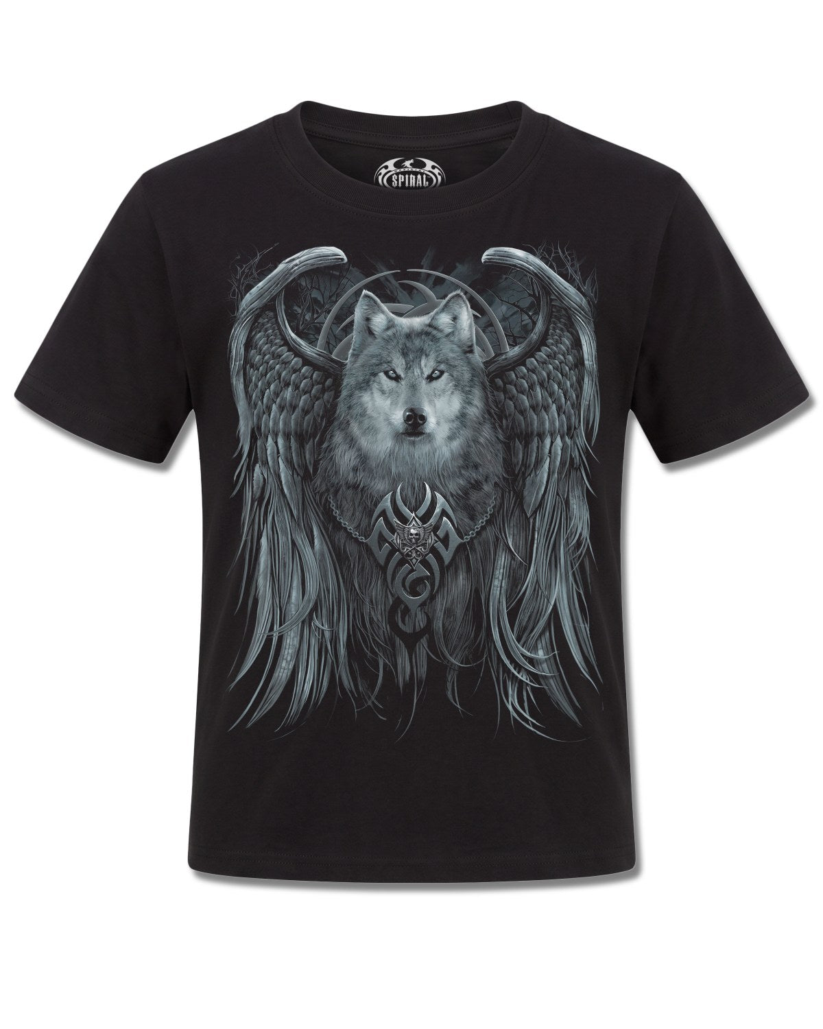 Spiral Wolf Spirit design, front view on Black K101, Rock Off Retail official merch