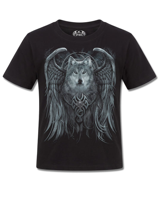 Spiral Wolf Spirit design, front view on Black K101, Rock Off Retail official merch