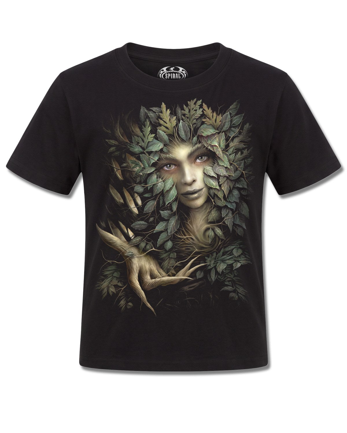 Spiral Woodland Queen design, front view on Black K101, Rock Off Retail official merch