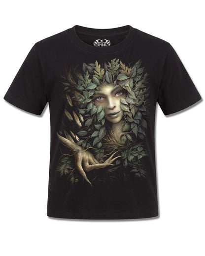 Spiral Woodland Queen design, front view on Black K101, Rock Off Retail official merch