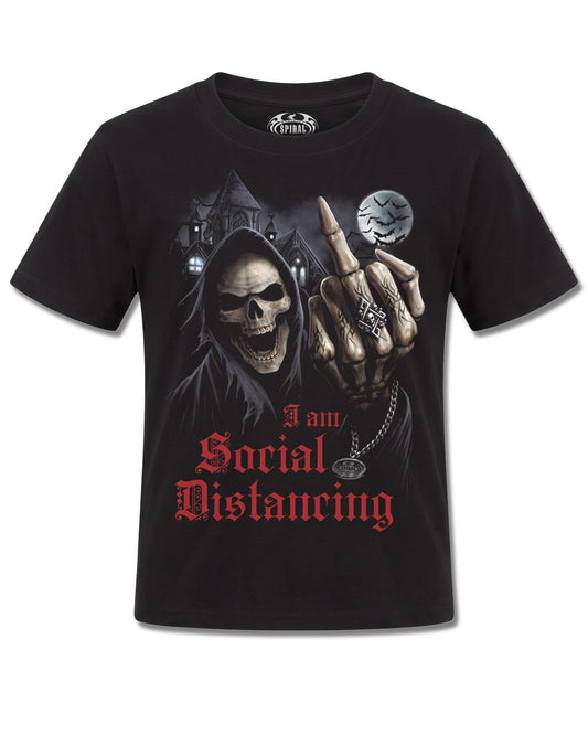 Spiral Social Distance design, front view on Black K101, Rock Off Retail official merch