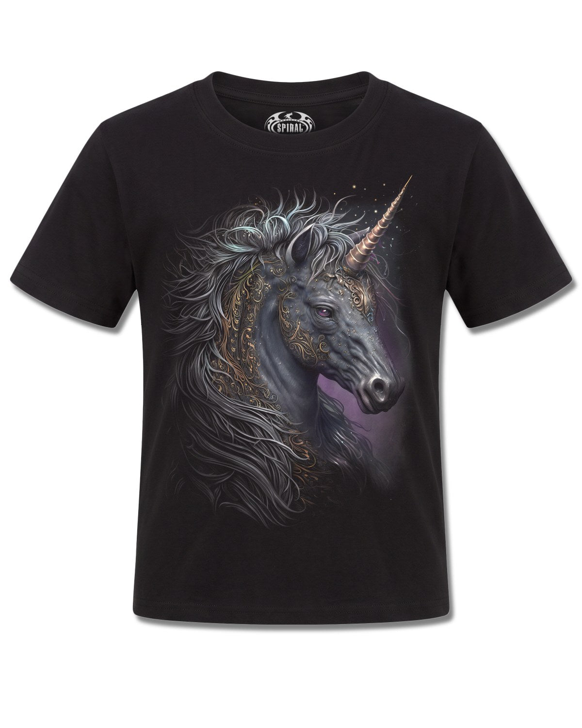 Spiral Celtic Unicorn design, front view on Black K101, Rock Off Retail official merch