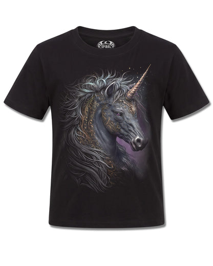 Spiral Celtic Unicorn design, front view on Black K101, Rock Off Retail official merch