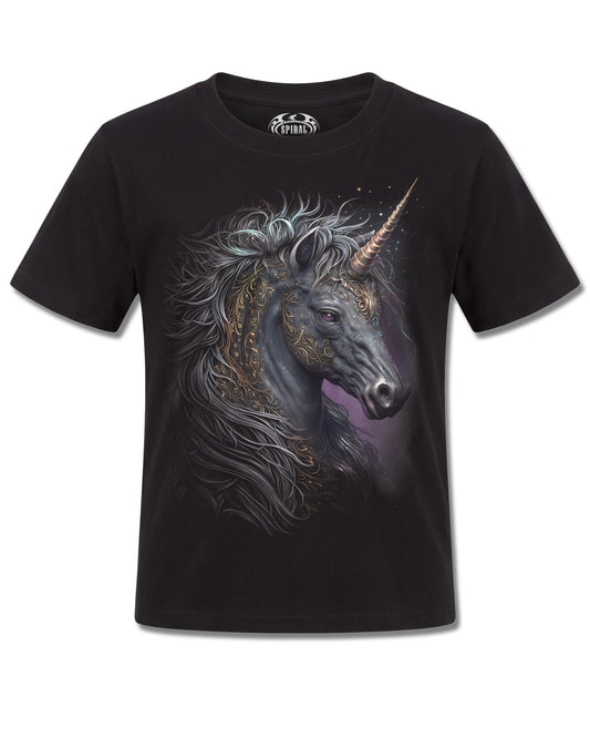 Spiral Celtic Unicorn design, front view on Black K101, Rock Off Retail official merch