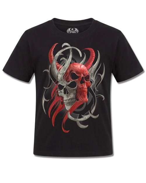 Spiral Skull Synthesis design, front view on Black K101, Rock Off Retail official merch