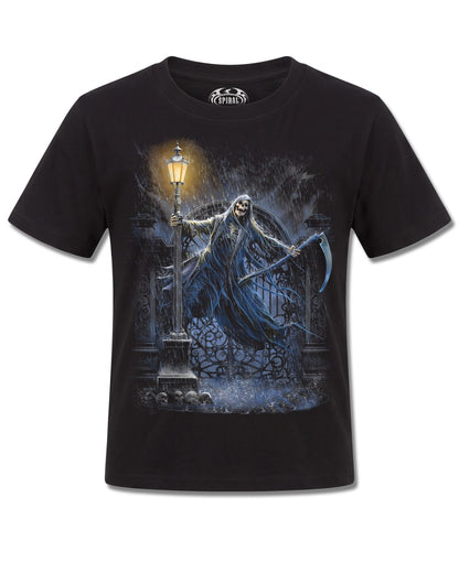 Spiral Reaping In The Rain design, front view on Black K101, Rock Off Retail official merch