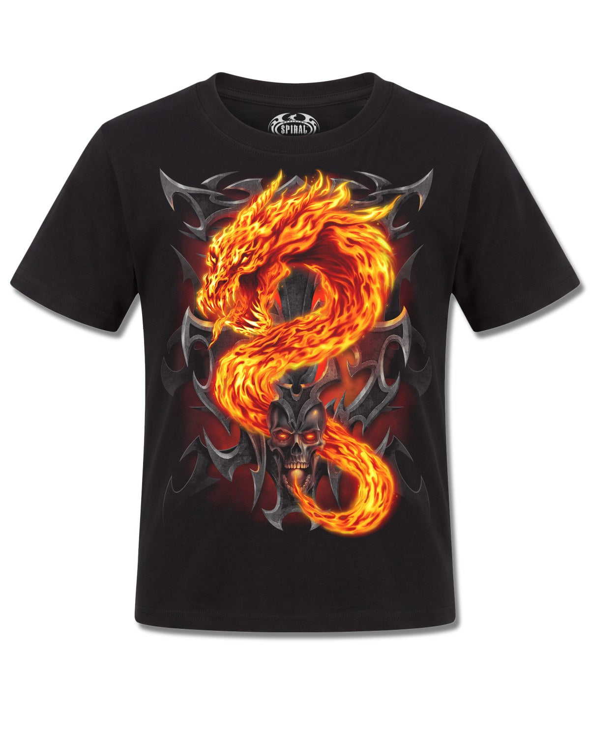 Spiral Fire Dragon design, front view on Black K101, Rock Off Retail official merch